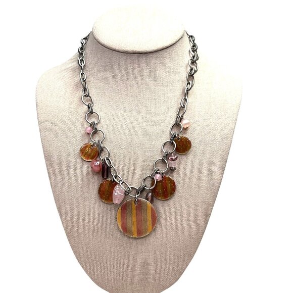 Avenue Chunky Dangle Necklace Silver Tone Orange Yellow Pink Beaded Link Chain - Picture 1 of 7